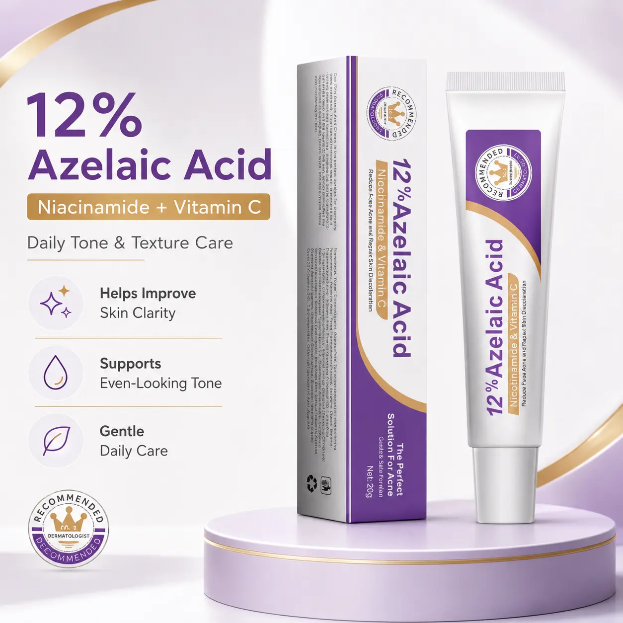 12% Azelaic Acid Face Serum with Niacinamide & Vitamin C, Daily Facial Skincare for Smoother-Looking Texture, Even-Looking Tone & Fresh Glow, 20g