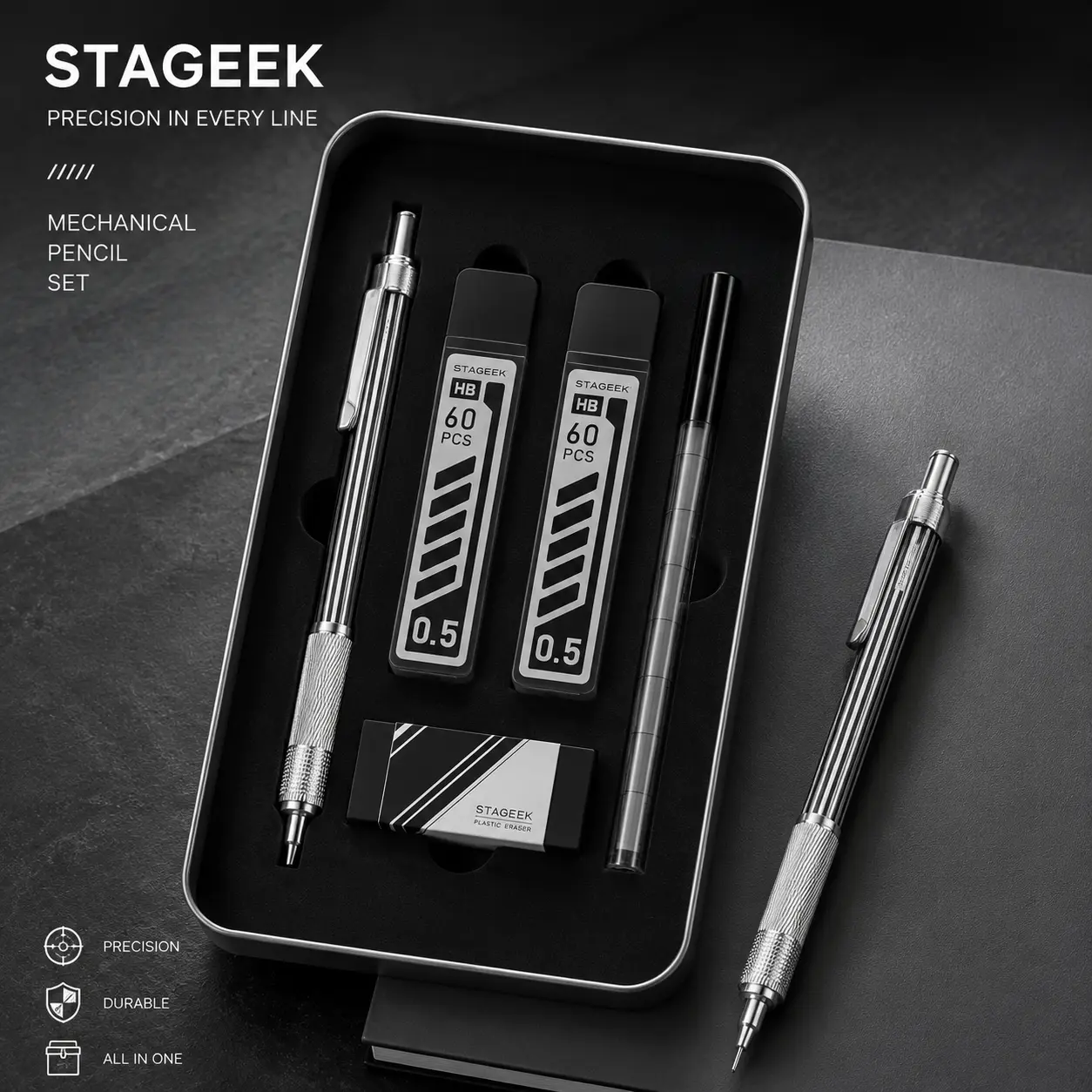 StaGeek 0.5mm Mechanical Pencil with Metal Gift Case, 1PCs Metal STAGEEK Mechanical Pencil with 120PCS HB Lead Refills,4B Erasers and 9PCS Eraser Refills, for Writing Drafting Drawing and Sketching(Silver,Gold)