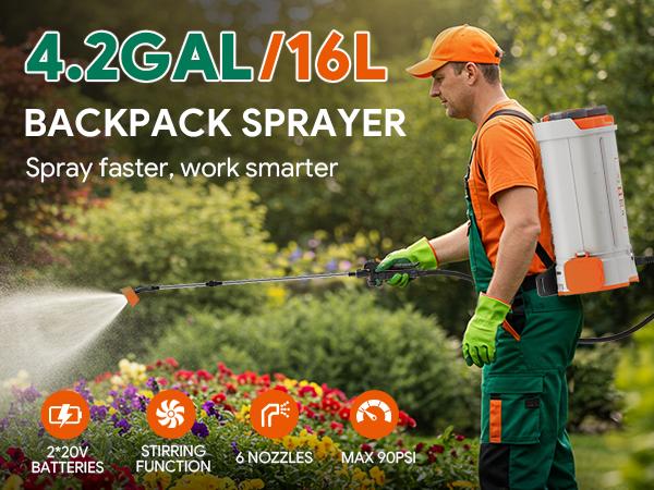 Battery Powered Backpack Sprayer 4.2Gallon, 45-90PSI Adjustable Pressure, 6 Hours Long Battery Life, Electric Backpack Garden Sprayer with 6 Spray Nozzles for Lawn, Garden, Yard