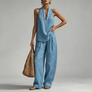 G3 Bohemian Halter Two Piece Outfit - Ideal for Seaside, Holiday & Daily Wear! Sleeveless Blouse Loose Trousers #BohoStyle #TwoPieceOutfit #LoosePants #HalterTop #SummerVibe #CasualChic #OOTDFit #LadiesWear