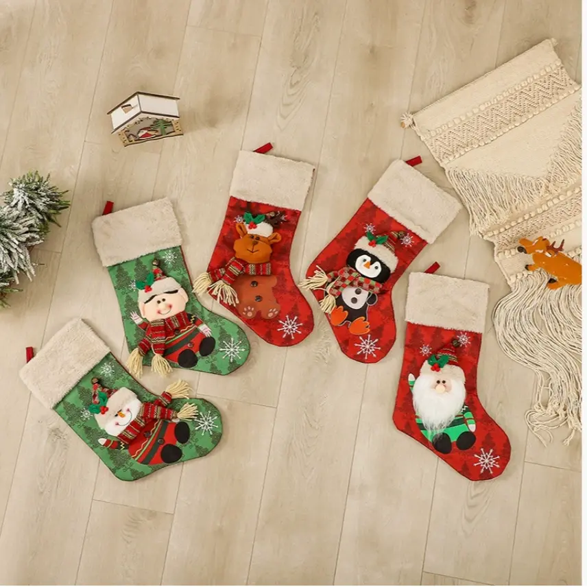 Christmas Stocking Set 5 Pieces, Large 18 Inch Fireplace Hanging Socks with Plush Cuffs, Santa Snowman Reindeer Elf Holiday Decorations