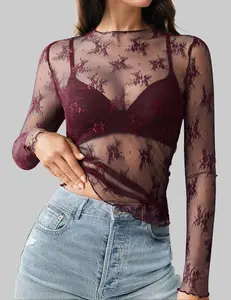 Women's Mesh Sheer Tops Long Sleeve Layering Top Mock Neck See Through Floral Lace Shirt Blouse Casual Chic Women's Mesh Sheer Tops Long Sleeve Layering Top Mock Neck See Through Floral Lace Shirt Blouse Casual Chic