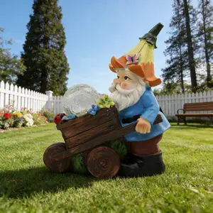 Solar Garden Gnome Statue with Crackle Glass Ball, Waterproof Outdoor Decor with LED Light, Perfect Housewarming Gift for Patio Lawn Yard