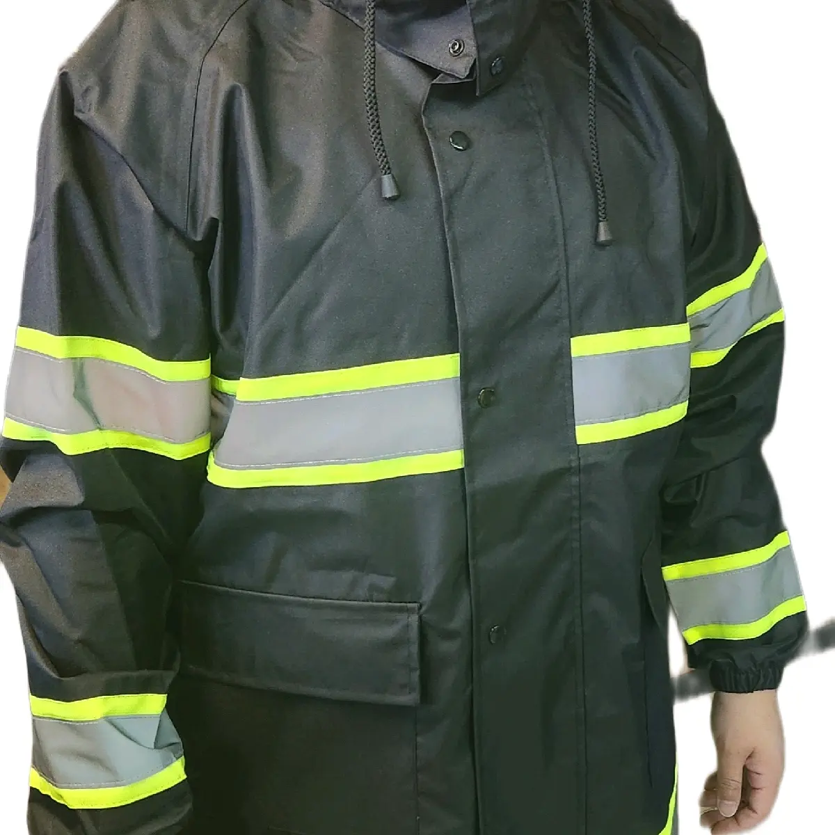 48" Safety Reflective Black Rain Coat /Rain Jacket Waterproof