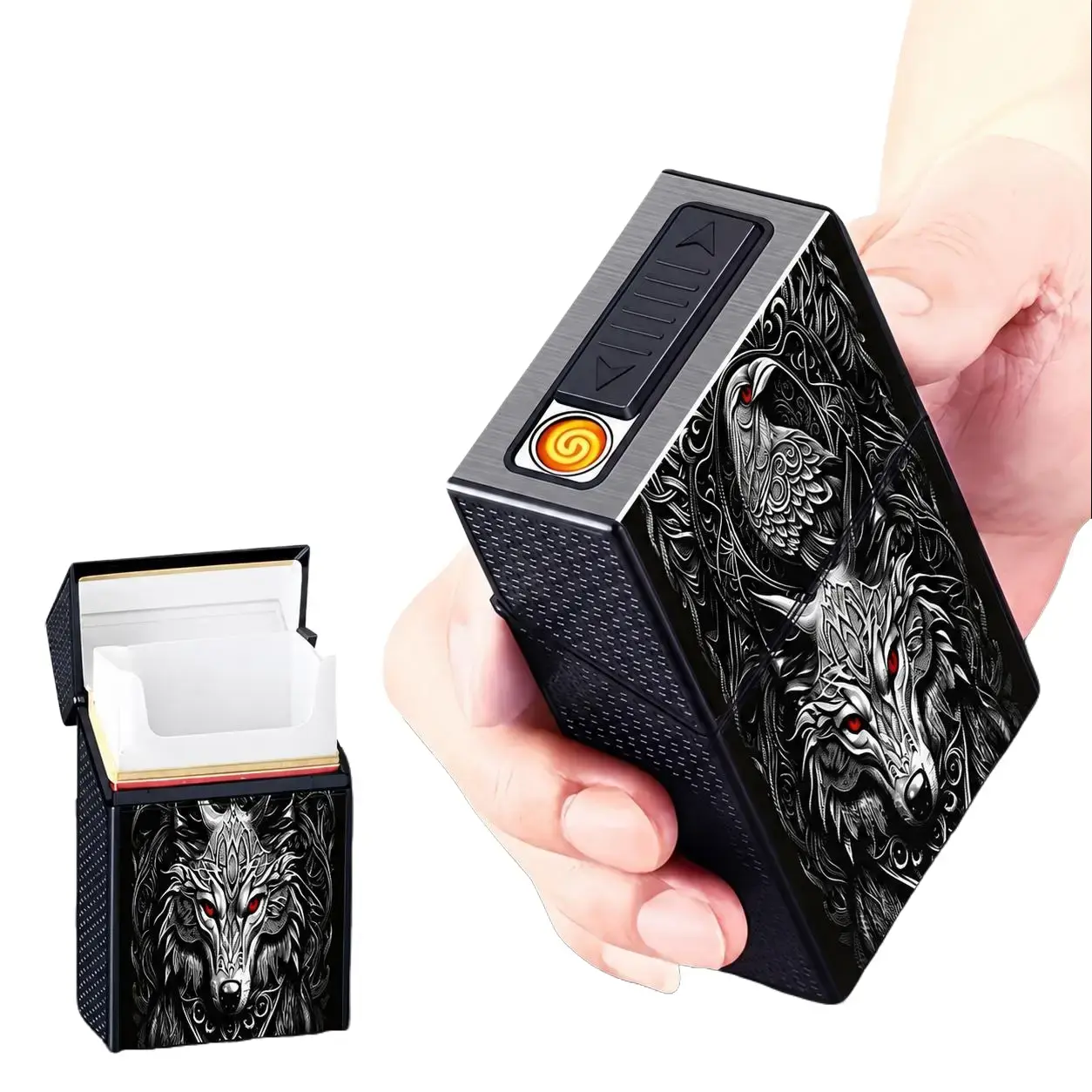 USB-C Rechargeable 20-Slot Storage Case with Built-In Electronic Ignition, Double-Sided Eagle and Wolf Artwork, Windproof Design with Thickened Tungsten Heating Wire, Portable Outdoor Accessory Lighter Aluminum Alloy