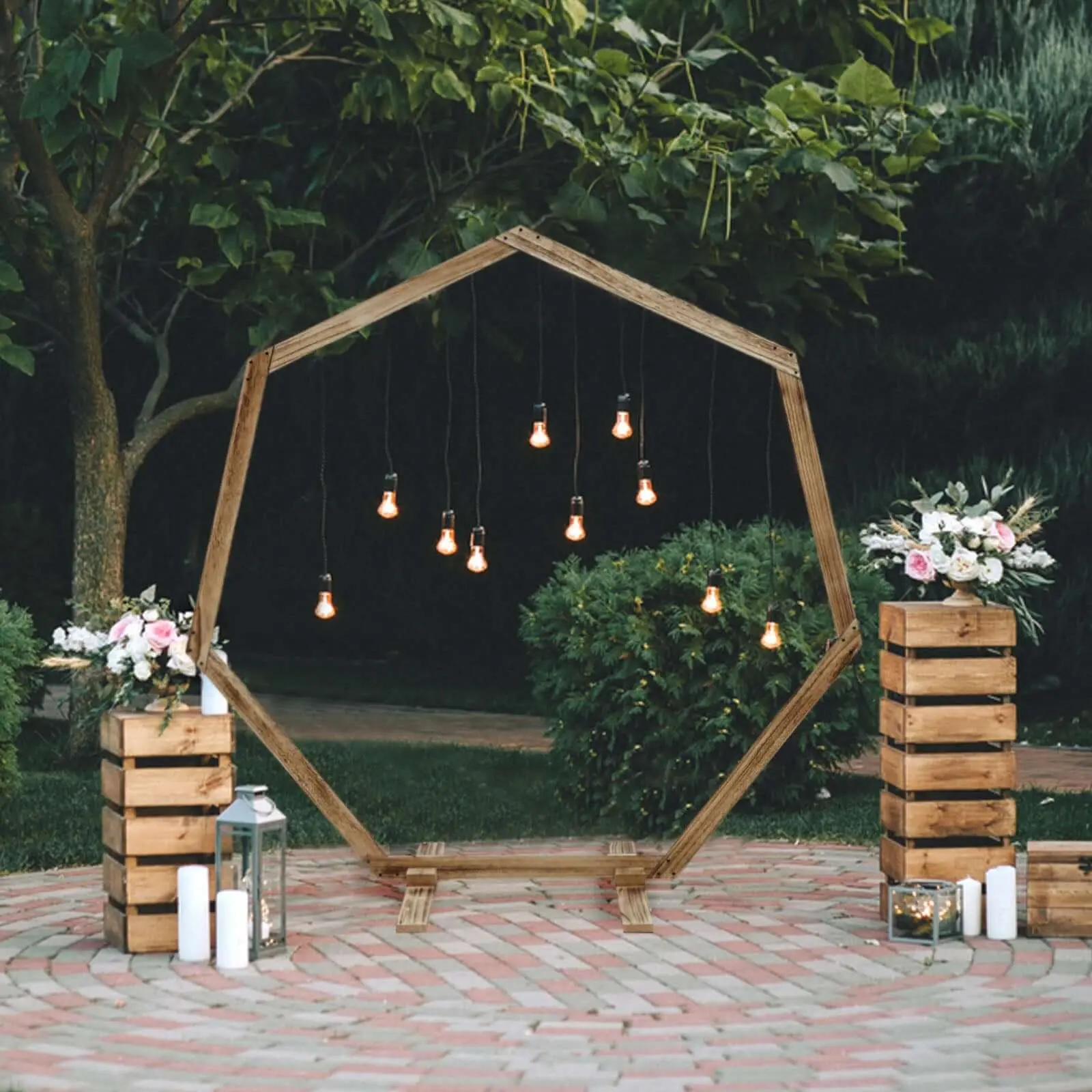 Rustic Solid Wooden Wedding Arch - 7ft Heptagonal Photo Backdrop Stand, Lightweight Wedding Decor, Party Decoration Supplies, Balloon Decor Support