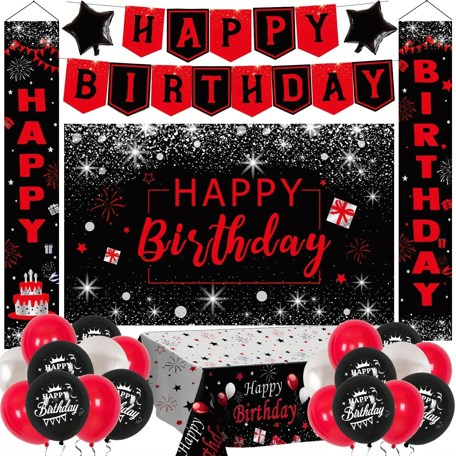 Red and Black Birthday Decorations for Men Women, Happy Birthday Decorations Red Birthday Backdrop Banner Decoration with Happy Birthday Door Banner Latex Balloons Tablecloth Boys Girls Party Supplies
