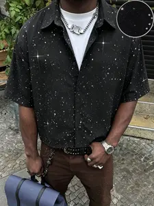 Men's Casual Short Sleeve Shirt, Menswear, Base with Star Rhinestones, Silver Color Fabric, Perfect for All Occasions, Elegant and Practical