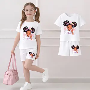 Girls' Cute Cartoon Print Short-Sleeved T-Shirt And Shorts Set, Casual Children's Summer Clothing, Comfortable Round-Neck Outfit, Suitable For Everyday Wear And Outdoor Play.