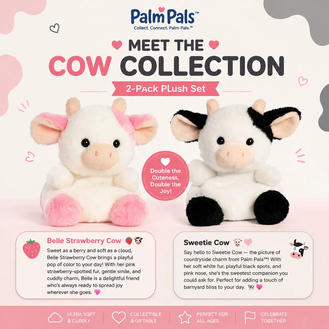 Palm Pals Adorable Belle Strawberry Cow & Sweetie Cow Pink & White Soft Plush Collectable Stuffed Animal 2-Pack