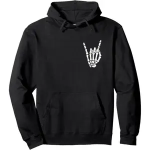Men's Skeleton Rock N Roll Symbol Graphic Hoodie - Cotton Blend Black Long Sleeve Pullover Regular Fit |   Soft & Breathable Fabric, Durable Print, Everyday Comfort, Machine Washable, casual urban street