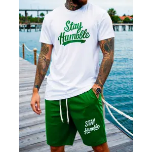 Men'S Stay Humble T-Shirt & Shorts Set - 3D Print, Breathable Fabric, Regular Fit, Casual Summer Outfit with Digital Floral Design, Lightweight Comfortable for Adults Clothes Menswear Tropical Shortsleeve