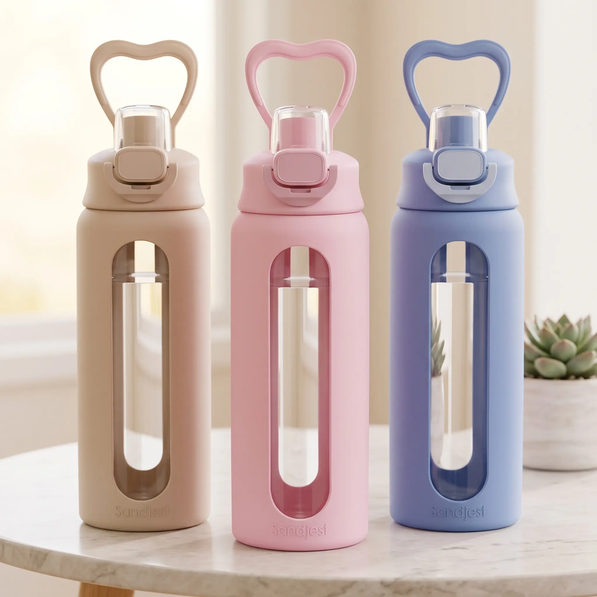 SANDJEST 24oz Reusable Glass Water Bottle with Silicon Sleeve, Push Button Handle Lid, Cup Holder Friendly for Gym, Work, Travel, Motivational Bottles for Fruit, Tea, Hydration, Ideal for Christmas Birthday Gift, Solid