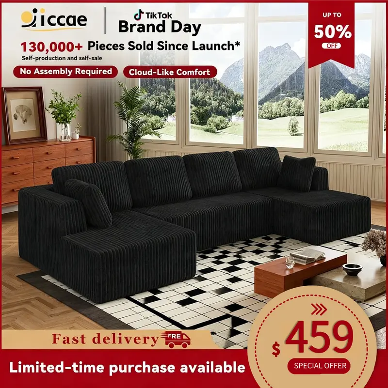[3 or 2 Packages Shipped] [Christmas] Niccae U-shaped Modular Sectional Sofa, Compressed Corduroy Fabric, Modern Style Living Room Sofa Bed, Space-Saving Recliner Design - Convertible Corduroy Sectional Sofa