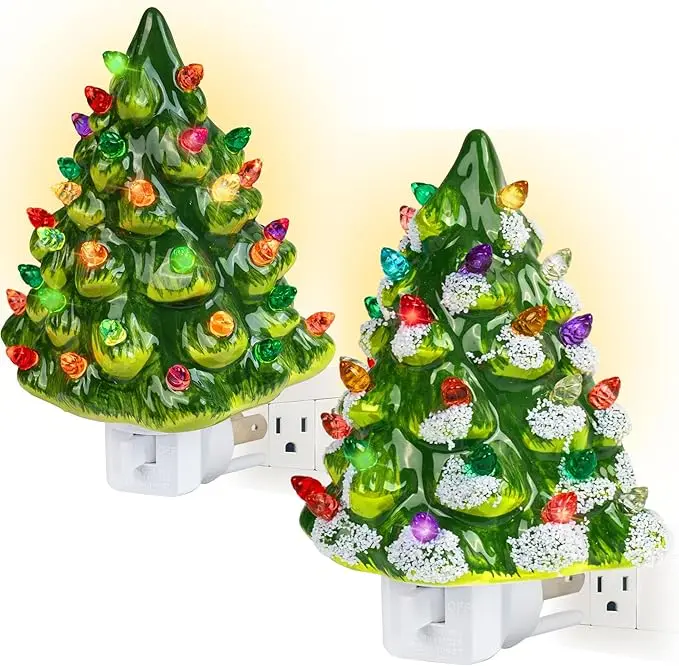 Halloween Fall Gift 2 pack Ceramic Christmas Tree Night Light - Gold Plug-in Vintage Christmas Decorative Night Light with 28 Bulbs and Star Topper