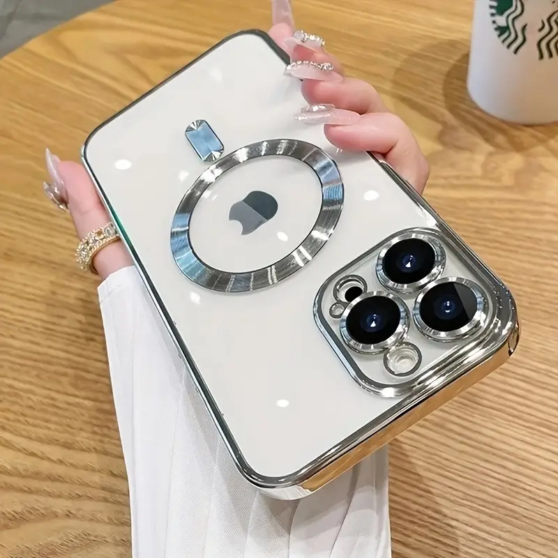 Magnetic Electroplated Case - Clear with Camera Lens Protective Glass and Wireless Charger Cover for iphone16, 15, 14, 13, 12, 11 Pro Max,Anti-drop Ce