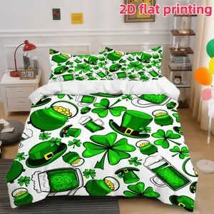 2D Flat 3Pcs St. Patrick's Day Shamrock Green Irish Leprechaun Pot Of Gold Beer Print Duvet Cover - Soft Microfiber Bedding (1 + 2 Pillowcases, Unfilled) for Bedroom & Home Decor Stylish, Cozy Festive Holiday Theme.