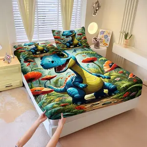 3Pcs Whimsical Dinosaur Fitted Sheet Set, Cute Blue Dino and Tropical Jungle Illustration, Soft and Cozy Bedding for Kids' Rooms, Perfect for Adventurous Dreams and Bedtime Stories. Includes 2 Pillowcases, No Pillow Core