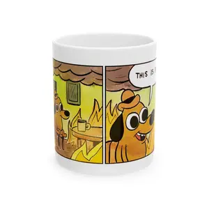 This is Fine Dog Meme House on Fire Burning Funny Ceramic Coffee Mug, This is Fine Dog Meme Ceramic Coffee Accent Mug