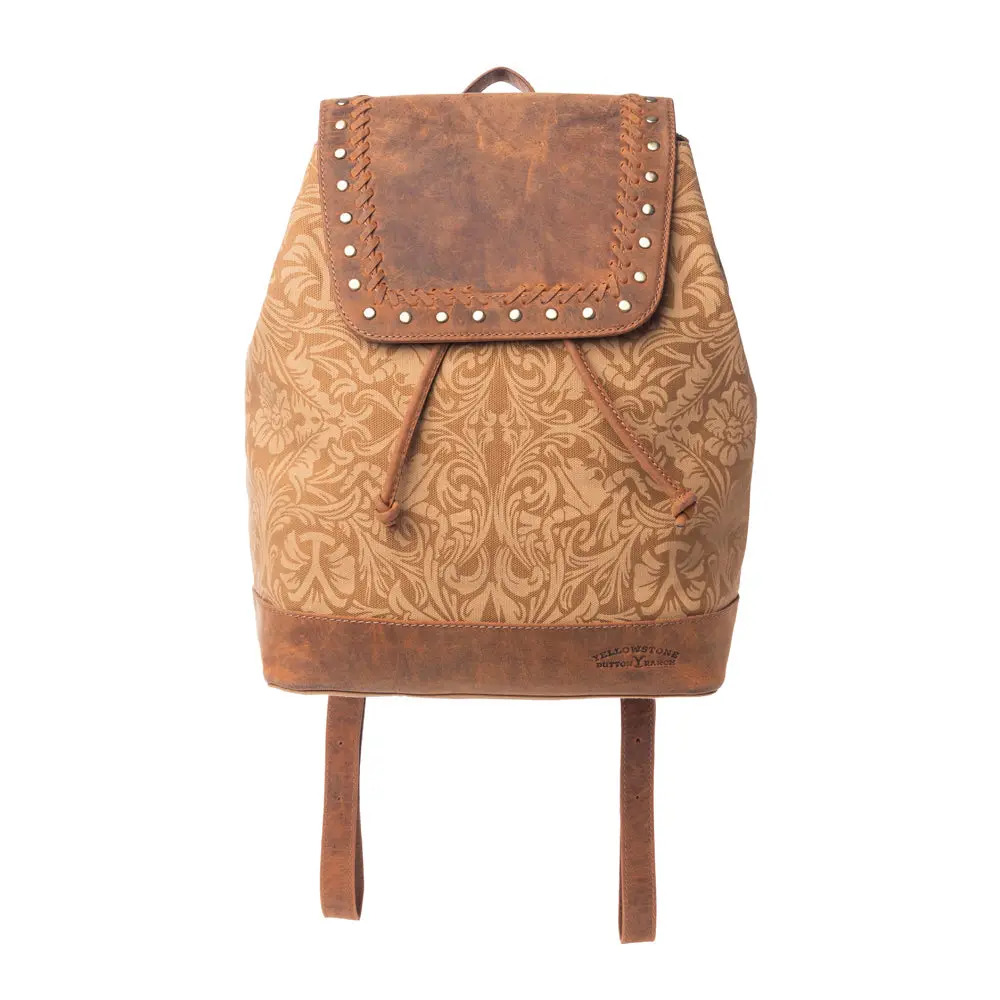 Women's Western Backpack Purse, Floral Embossed Canvas & Leather Drawstring Bag for Adults with Studded Flap, Flowers, Female, 13 X 5.5 X 12.5 Inches, Bagpack Travel, Flap Closure, Casual, Depth: 5.5, Handle: 3, Height: 12.5, Rugged Charm Of The Wild West