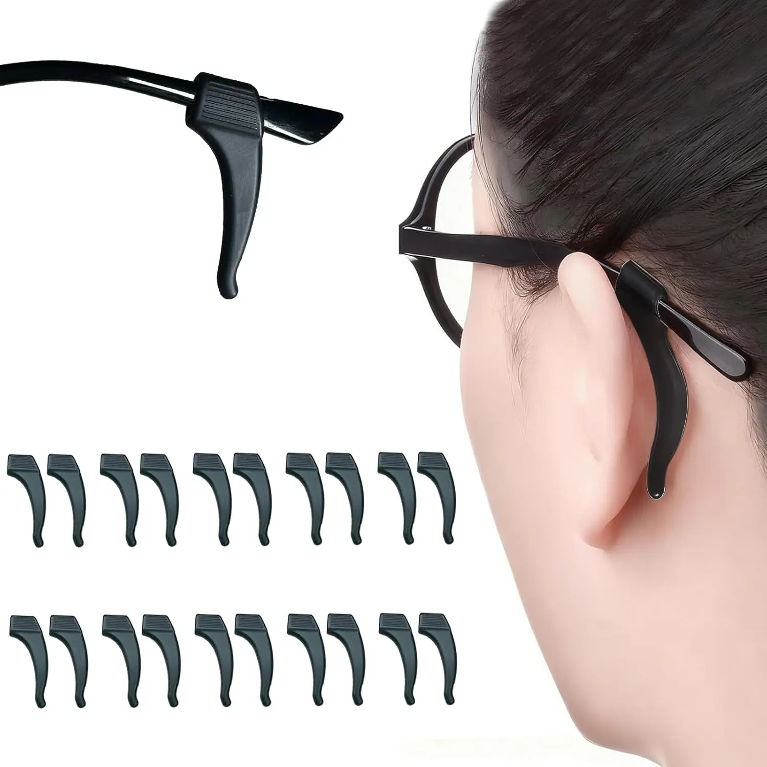 Soft Silicone Eye Glasses Ear Grippers - 20 Translucent 35mm Hook Accessories, Elasticity Design to Fit Your Ears, Prevent Glasses From Falling Off When Attached to Frames, Hooks, Slip Prevention, Attach To Frames, 20 Pieces, Flexible Silicone Grips Stay