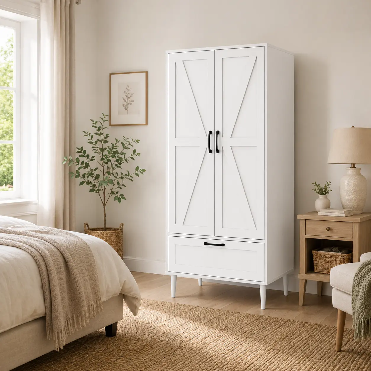 Modern Stylish and Elegant Minimalist Indoor Double-Door Wardrobe - Black-Elegant or White-Fresh Look, With Drawers, Ample Storage Space, Double Doors