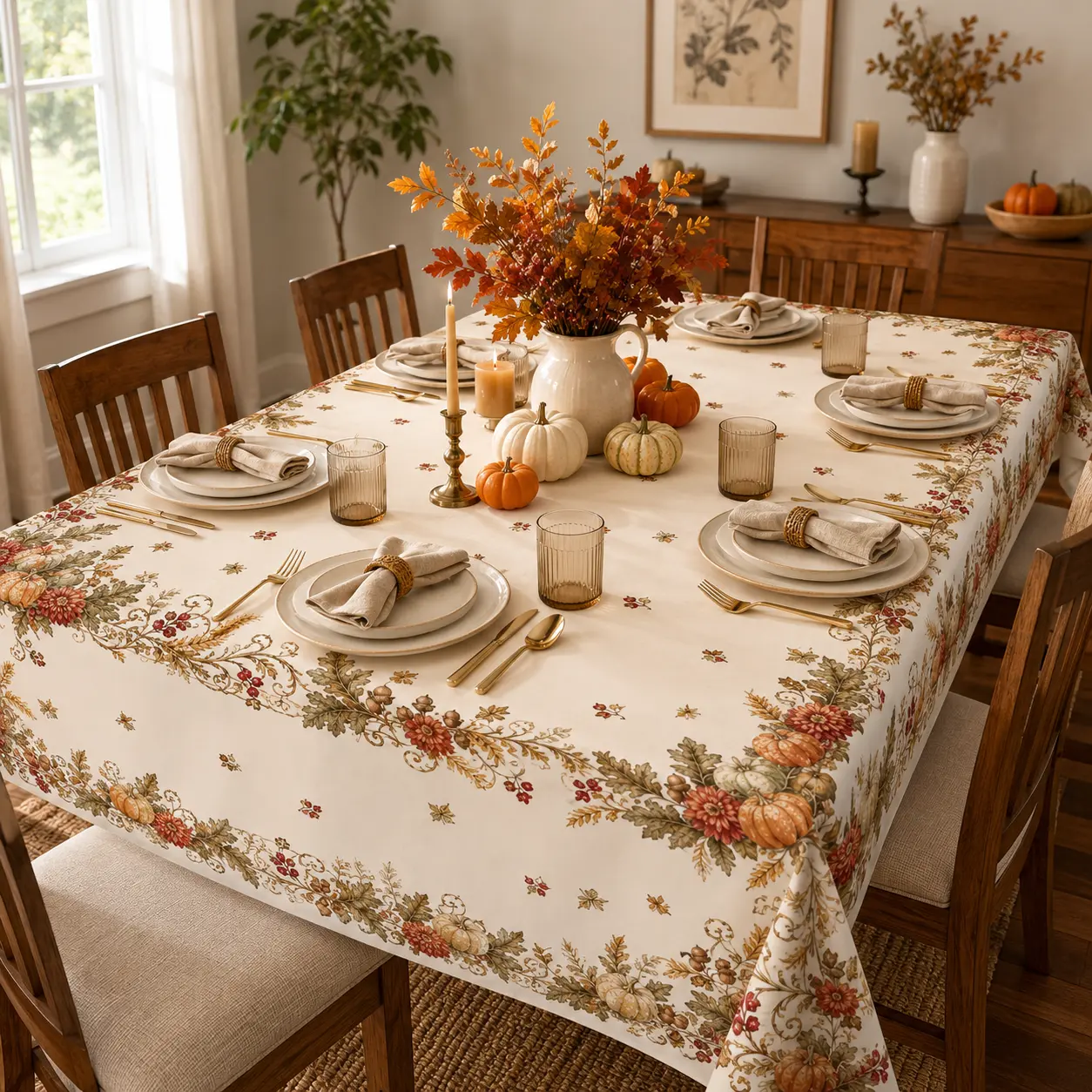 Fall Pumpkin Floral Tablecloth, Vintage Autumn Harvest Table Cover, Thanksgiving Farmhouse Dining Decor
