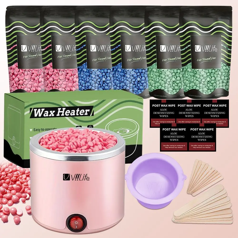 Waxing Hair Removal Kit with Wax Warmer, 6 Wax Beans, 20 Applicator Sticks, Post-Wax Wipes, and Bowl for Smooth Skin, Ideal for All Body Parts