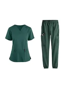 Men Jogger Scrub Set, Short Sleeve V-Neck Top with Jogger Pants, Breathable Lightweight Uniform for Pet Hospital Spa Beauty Salon