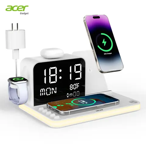 Acer 7-in-1 Wireless Charging Adapter - Digital Clock, LED Night Light, Room Temp Check, USB-A/USB-C Ports, MagSafe Magnetic for Smartphone, Cellphone, Electronic Devices (Gift for Him)