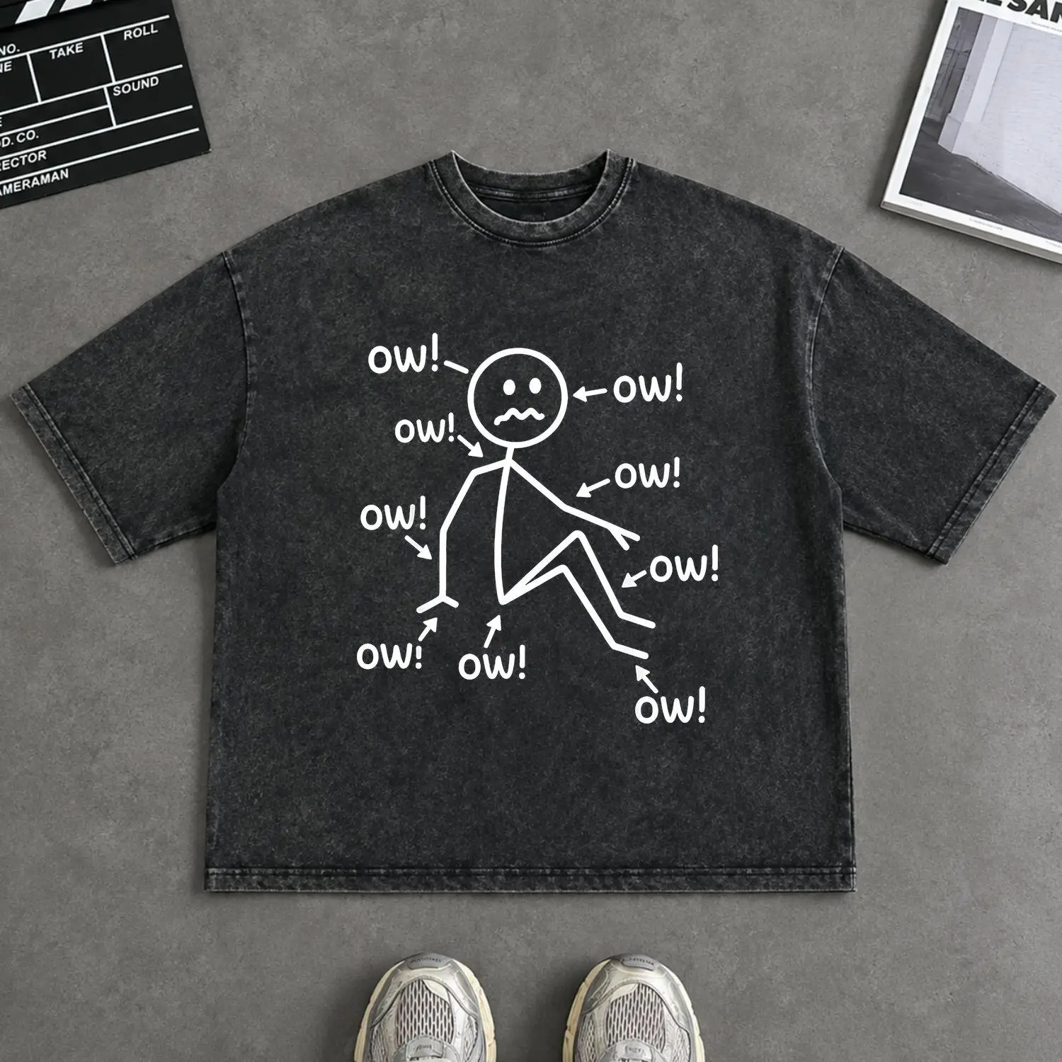 Mens Washed Crew Neck T Shirt Featuring Smiling Ow Character Chronic Pain Awareness And Fibromyalgia Symptoms Design Ultra Soft Comfortable Plus Size Casual Wear Ideal Gift For Fibromyalgia Patients