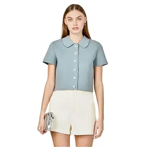 Dusty Blue Peter Pan Collar Knit Crop Top