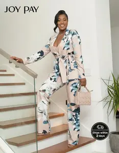 JOY PAY Elegant Floral Blazer Pants Set for Women 2 Piece Long Sleeve Suit Outfit with Belted Jacket & Wide Leg Trousers Chic Womenswear
