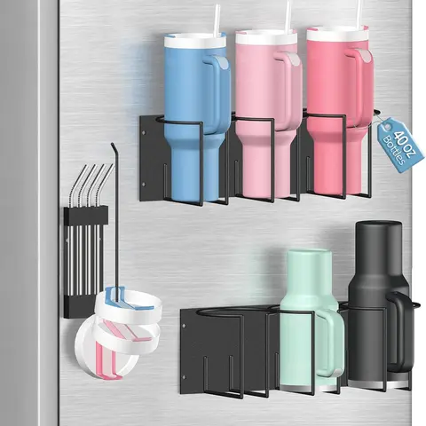 Magnetic Stanley Cup Holder for Fridge - Water Bottle Organizer for Stanley 40 oz Tumblers with Tumbler Lid Organizer & Straw Holder, Magnetic Tumbler Organizers for Stanleys Cup Accessories, Black