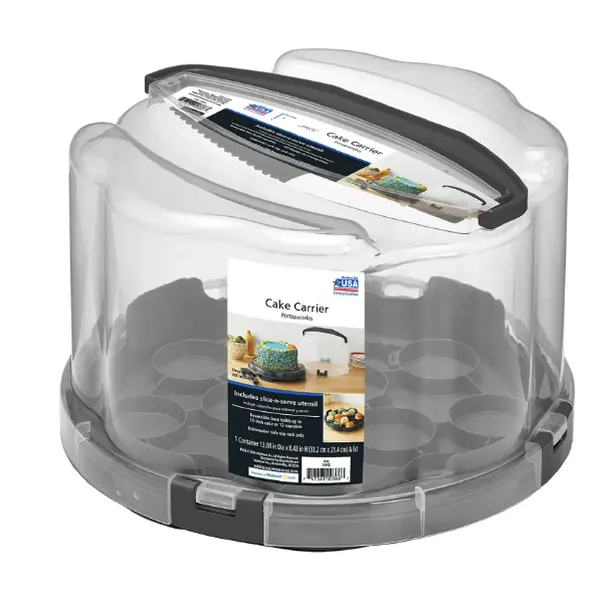 Round Plastic Cake and Cupcake Carrier with Gray Handle and Clasps Bakeware Utensil