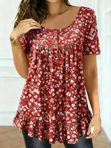 2026 New Fashion Casual Women's Plus Size Top Shirts Blouse, Round Neck Floral Print Short Sleeve, Elastic Ruched Design, Perfect for Daily Wear