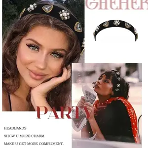 Black Baroque Headbands Pearl Rhinestones Wide Headband Velvet Jeweled Hair accessories for Women (Elegant)