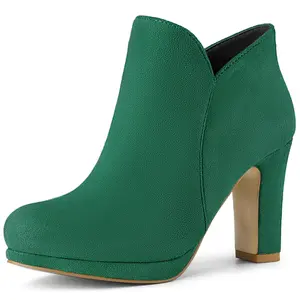 BLISSFUL STEP Round Toe Chunky Heeled Ankle Heel Boots