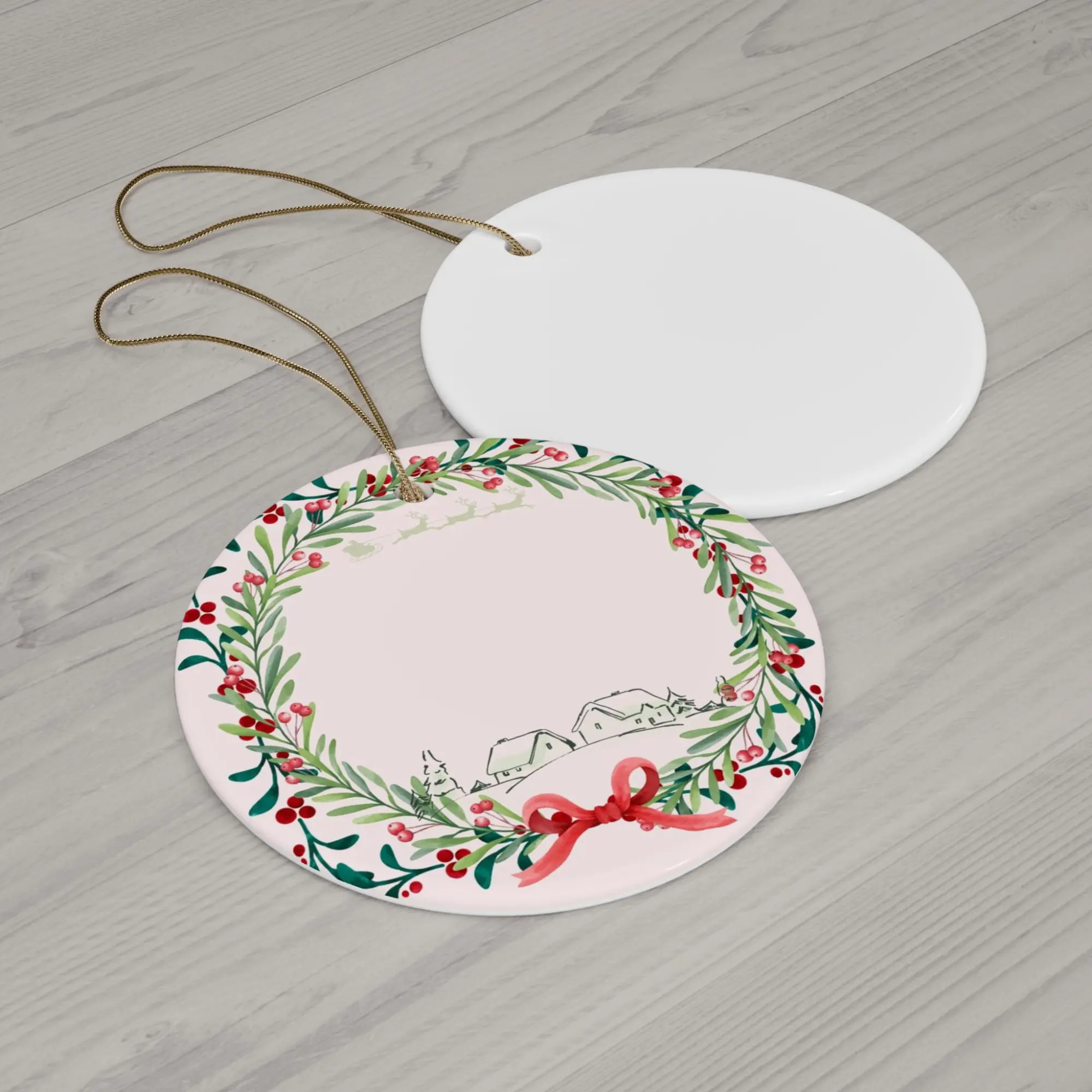 Christmas Wreath with Village Scene Ceramic Ornament | Personalizable