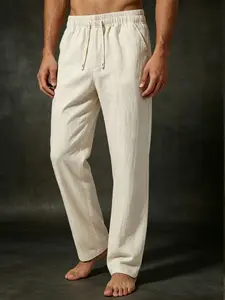 Target Audience: Men | Special Material: Natural cotton-linen blend | Fit & Details: Elastic drawstring waist + straight loose fit + side seam pockets | Length: Full-length pants | Style: Minimal casual / relaxed vacation style / comfortable and soft | Ca