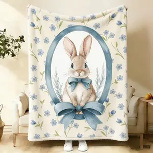 Cute Easter Bunny Fleece Blanket, Watercolor Blue Floral Rabbit Throw Blanket, Soft Cozy Flannel Blanket for Couch Bed, Aesthetic Spring Easter Decor, Warm Plush Blanket for All Season, Perfect Easter Gift for Women Girls, Cute Rabbit Home Decor Blanket