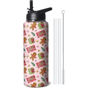 40oz Double Wall Slim Stainless Steel Insulated Water Bottle - Portable, Printed Holiday Gingerbread Pink Design, Handle, Flip Straw, Xmas Travel Coffee Tumbler, Gift-Ready for Bunny Lovers, Women's Beverage Drinkware