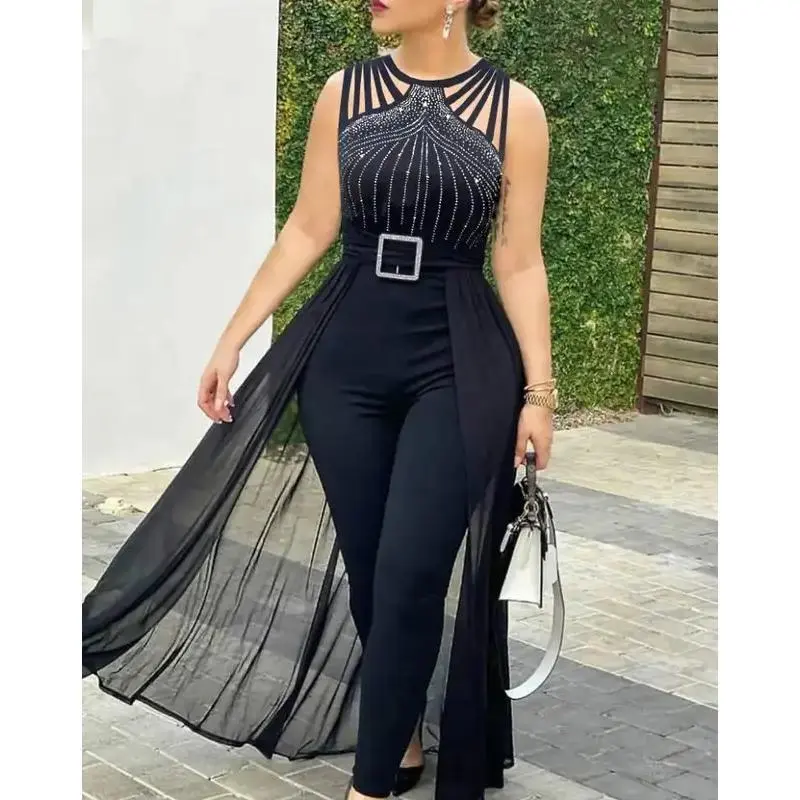 Women's Elegant Skinny Minimalist Basic Ladies Polyester Snug Cut Sleeveless Rhinestone Mesh 1-Piece Jumpsuit - Casual Wear, Party-Ready Outfit, Sparkle Stones, Standard Sizes, Women's Bottoms Alternative Gift
