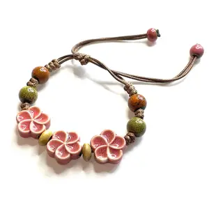 Pink Hibiscus Bracelet Flower beaded macrame green brown bohemian ceramic