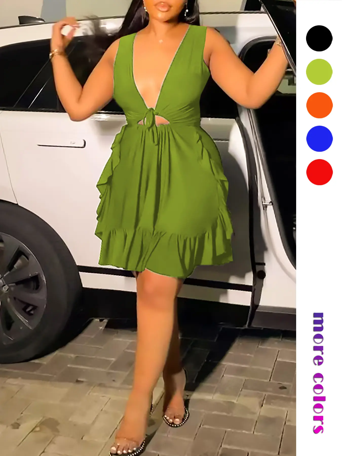Women's Plain Cut Out Ruffle Hem Tie Front Tank Dress, Elegant Deep V Neck  Sleeveless A