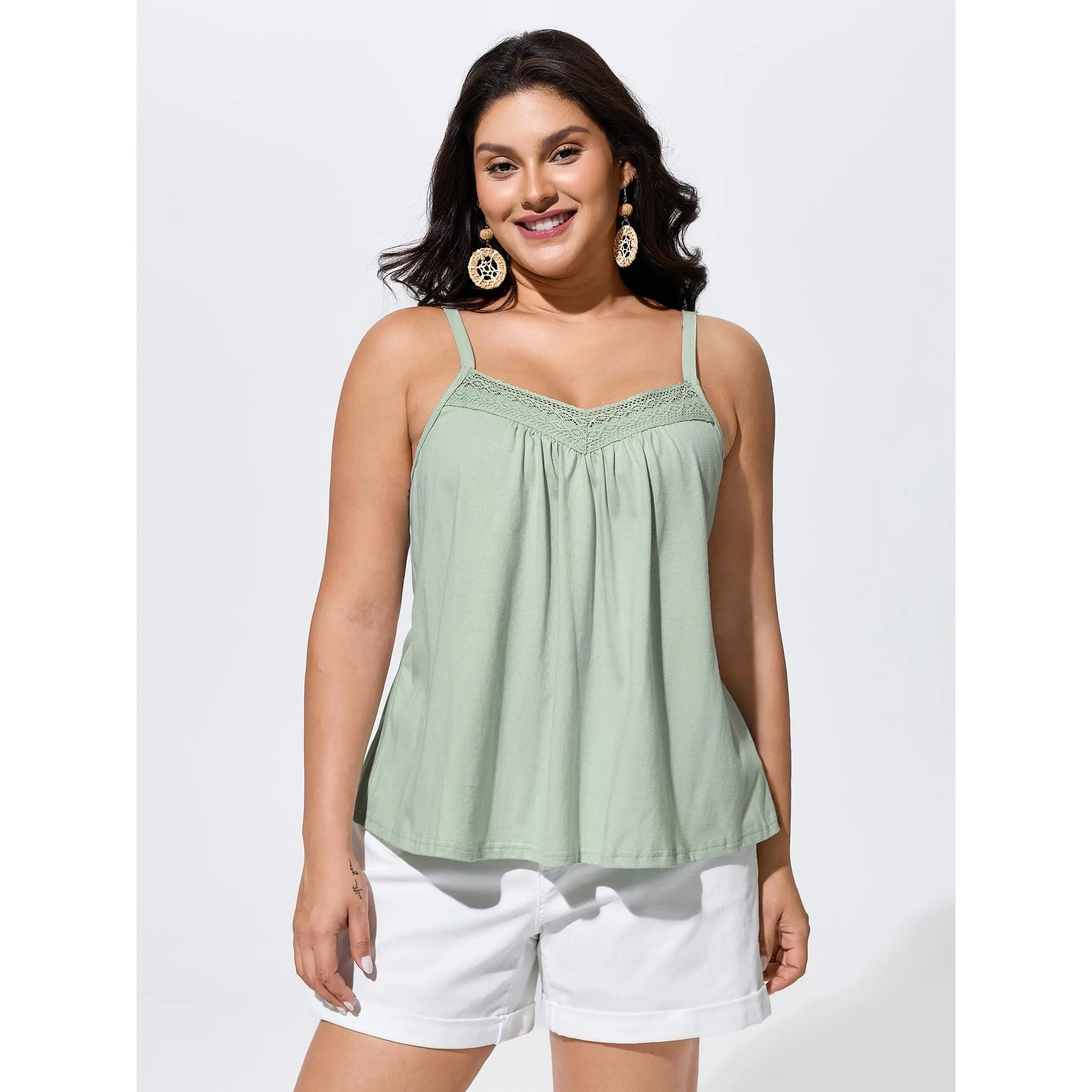 BloomChic Women's Plus Size Basic Boho Sleeveless Tank Top, Solid 100% Cotton with a Flowy Fit and Lace Trim, Clothes, Garment, Lady, Casual, Plus Size Tops, Green Bean, Women's Tops
