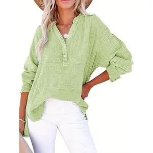Women'S Casual Button V-Neck Long Sleeve Shirt Oversized Solid Color Top