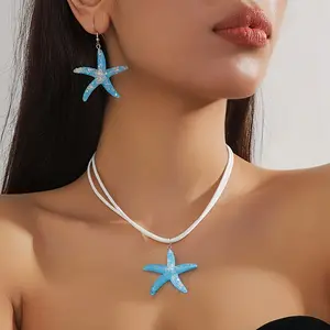 3PCS Bohemian Women Starfish Pendant Jewelry Set Vinatge Colorful Starfish Necklace and Earrings Ethnic Adjustable Starfish Pendant Necklace Vacation Travel Beach Earrings Jewelry Fashion Accessory Set