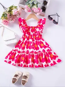 Toddler Girl's Floral Print Ruffle Trim Dress, Cute Cap Sleeve Square Neck Dress for Summer, Kids Clothes for Daily Wear, Baby Girl Clothes