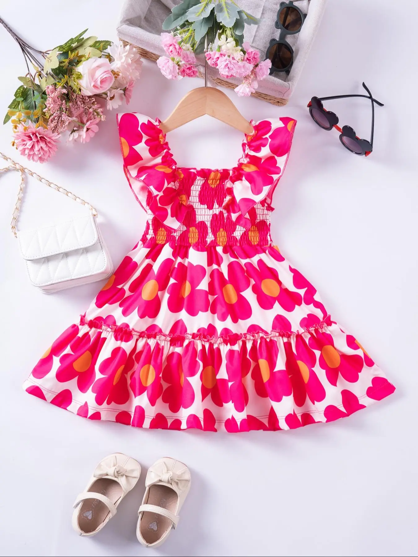 Toddler Girl's Floral Print Ruffle Trim Dress, Cute Cap Sleeve Square Neck Dress for Summer, Kids Clothes for Daily Wear